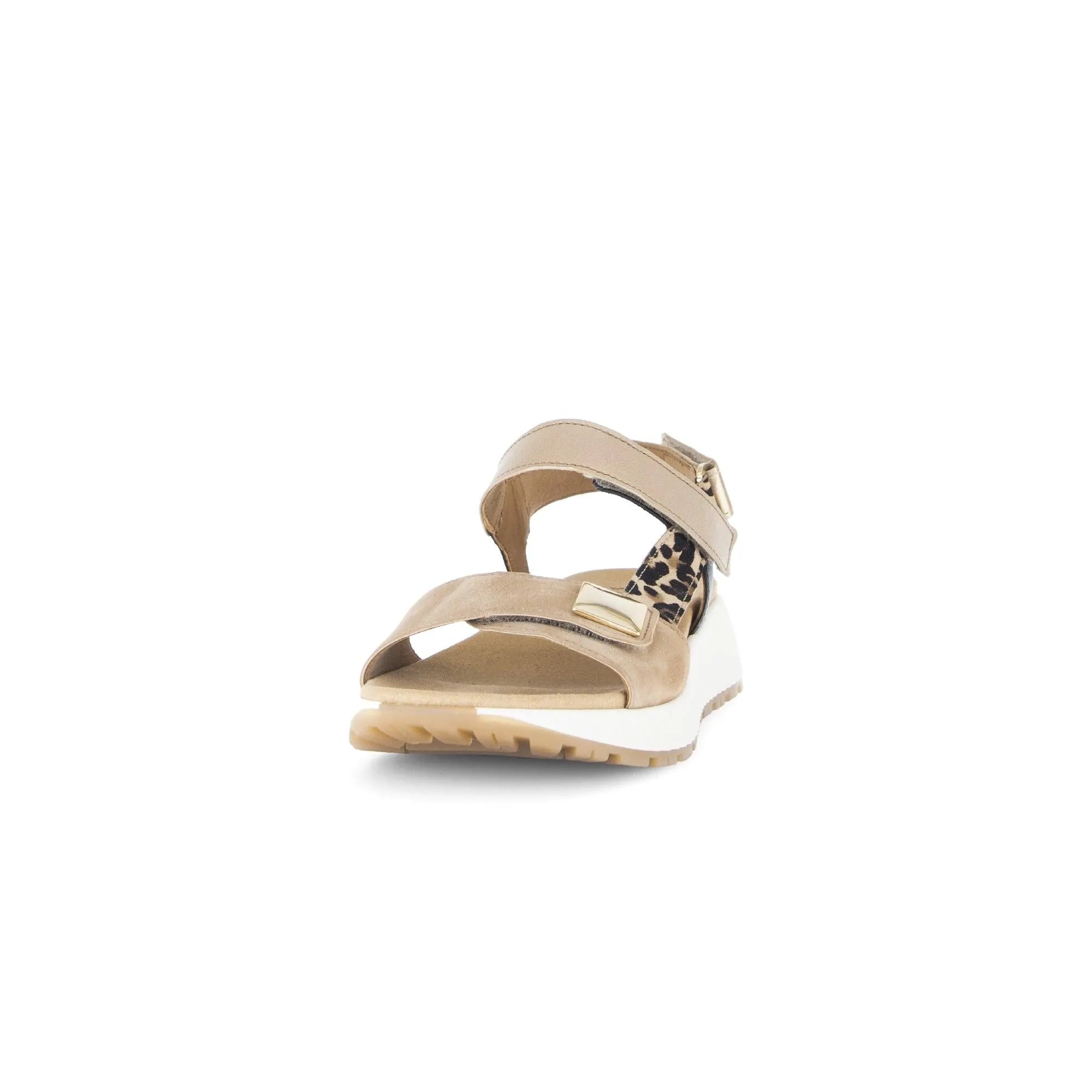 Gabor 84.582.14 women's flat leather sandals in sand color with touch-fastening straps and leopard print detail.