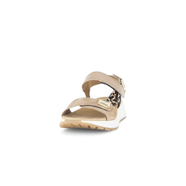 Gabor 84.582.14 women's flat leather sandals in sand color with touch-fastening straps and leopard print detail.