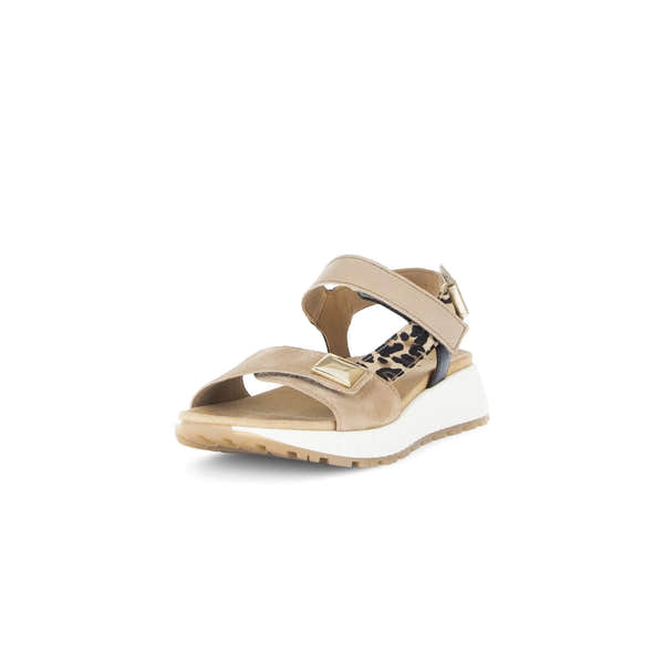 Gabor women's sandal with sand leather straps, touch fastening, and leopard print lining, featuring a chunky white sole.