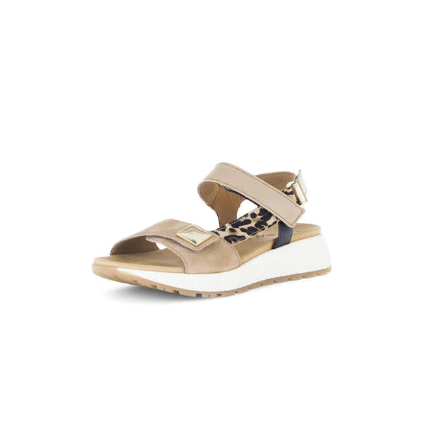 Gabor ladies' sand leather touch fastening sandals with animal print detail and chunky white sole.
