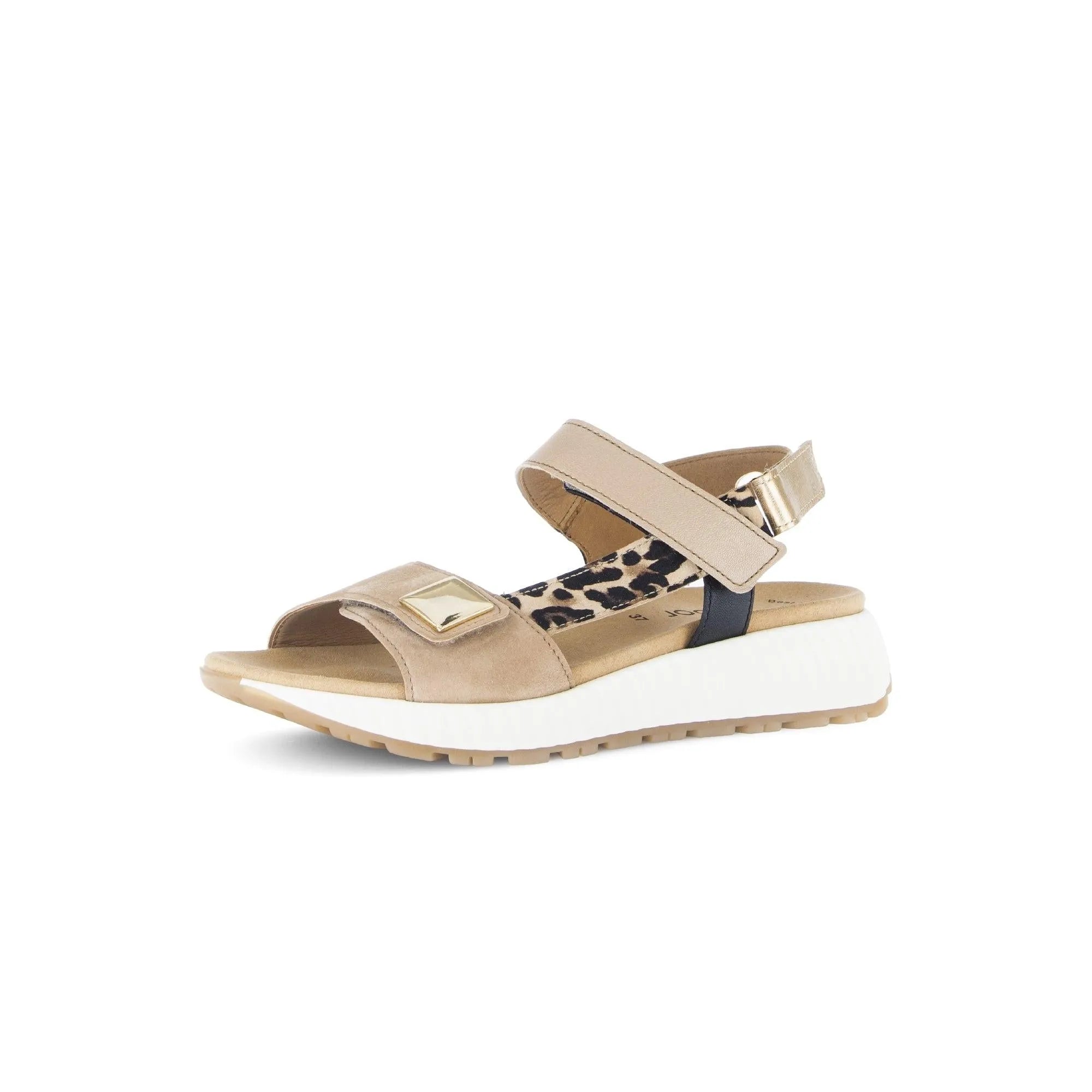 Gabor women's sand leather sandals with touch fastening, leopard print interior, and chunky white sole.