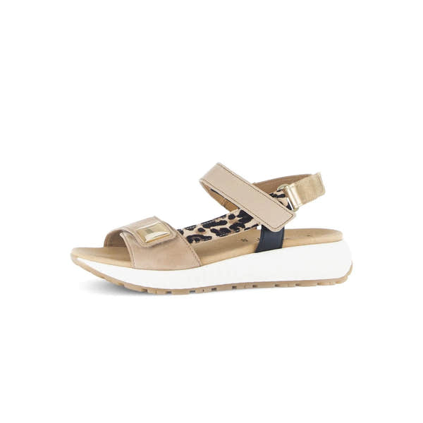 Gabor women's leather touch fastening sandal in beige with leopard print detail and chunky white sole.