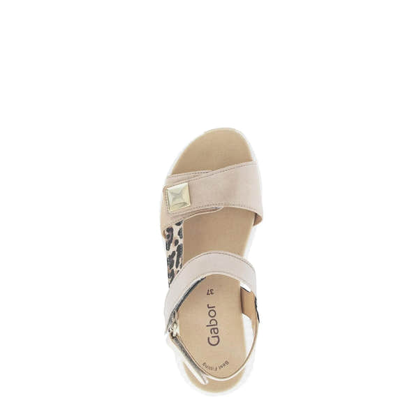 Gabor women's sand leather touch-fastening sandals with leopard print detail and metallic embellishment, size 37.