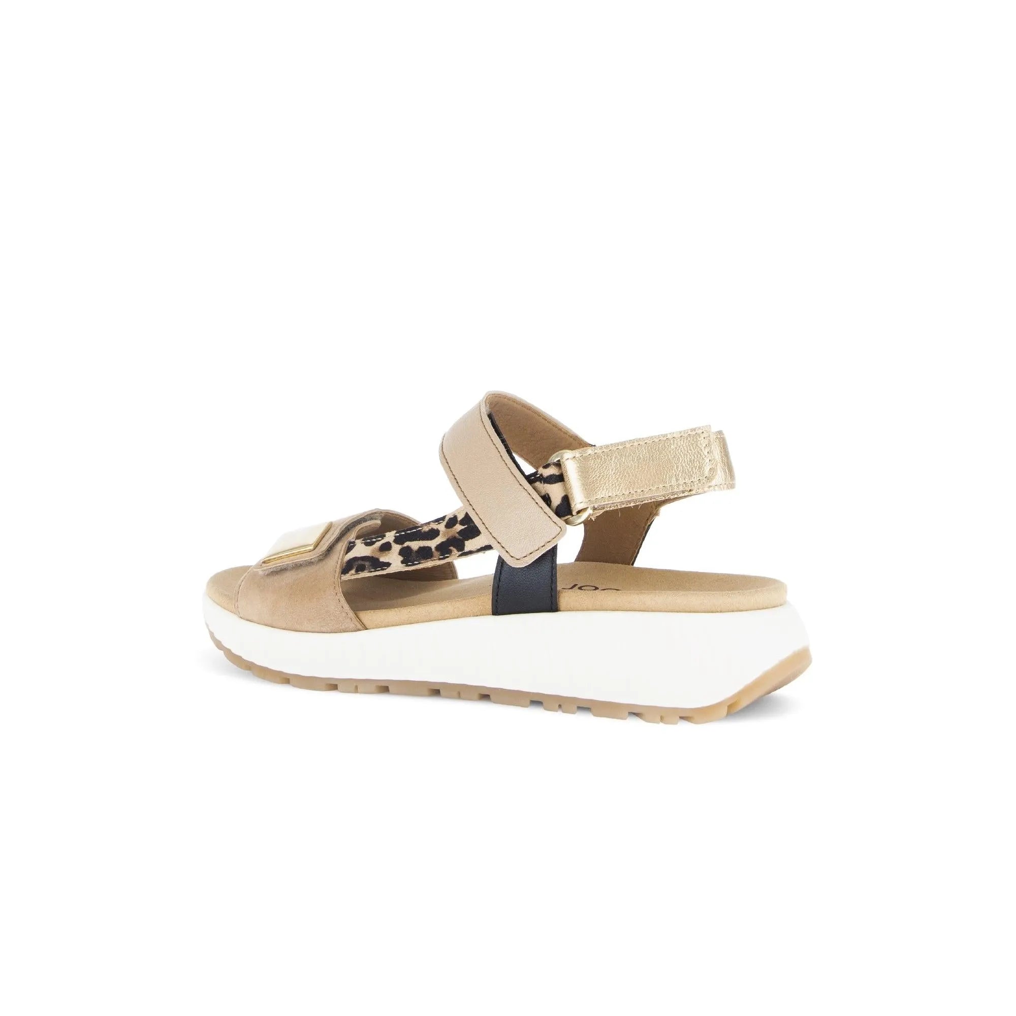 Gabor women's leather touch fastening sandals in sand color with leopard print strap and chunky white sole.