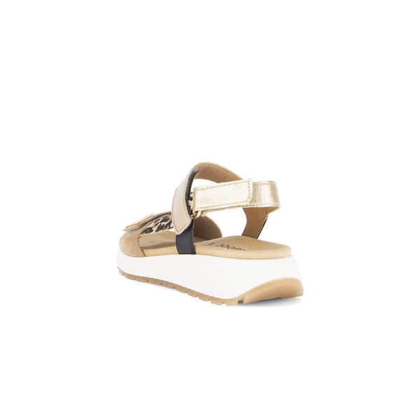 Gabor women's sand-colored leather touch-fastening sandals with leopard print details and a chunky white sole.
