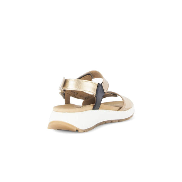 Gabor women's leather touch fastening sandal in beige and black with white platform sole, stylish and comfortable summer footwear.