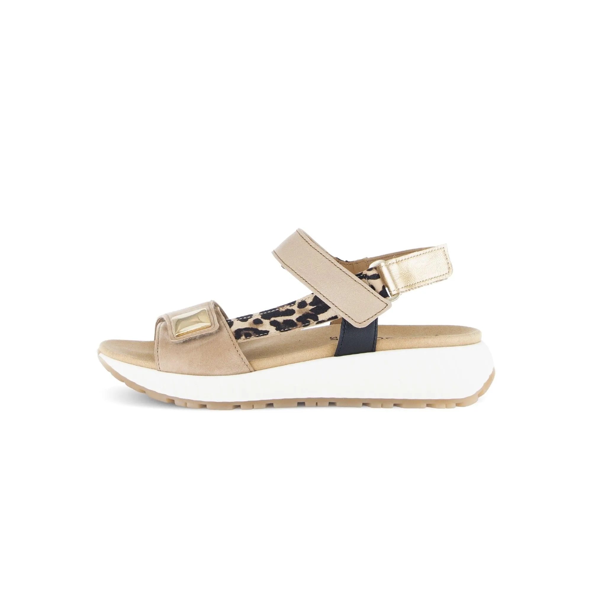 Gabor women's beige leather touch fastening sandal with leopard print insole and chunky white sole.