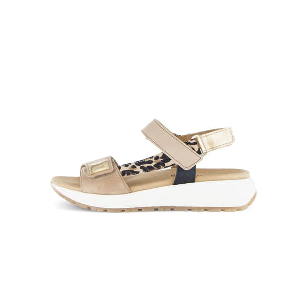 Gabor women's beige leather touch fastening sandal with leopard print insole and chunky white sole.