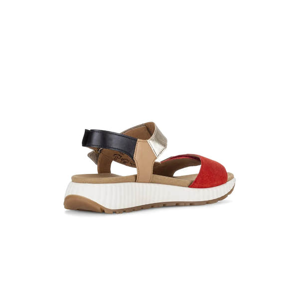 Gabor 84.582.15 women's multi suede touch fastening sandals with red, black, beige, and metallic straps and chunky white sole.
