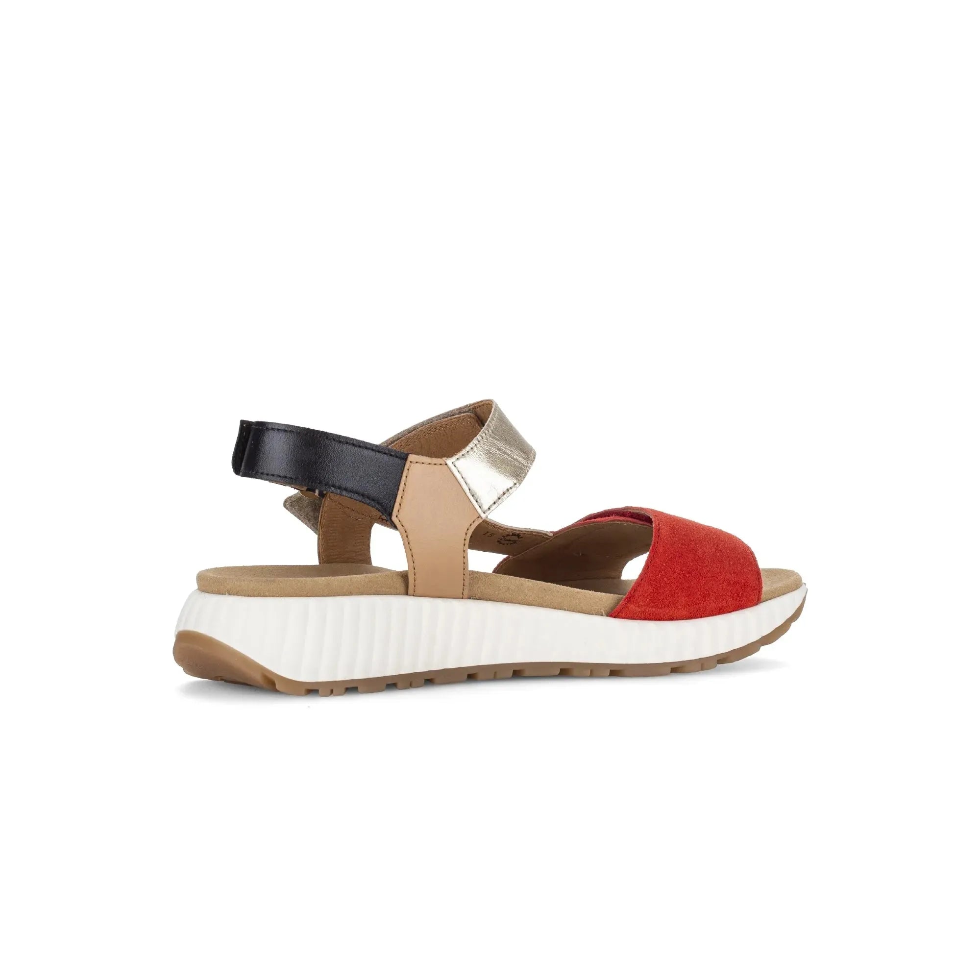 Gabor Ladies multi suede touch fastening sandals with red front, beige, metallic, black straps, and white textured sole.