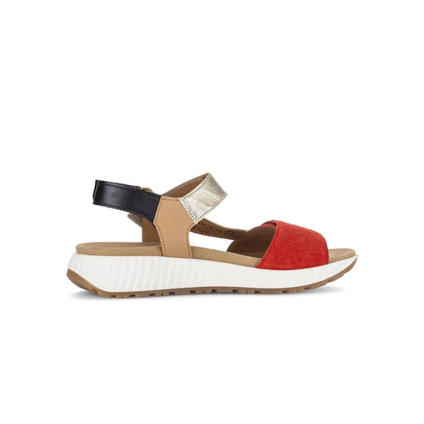 Gabor 84.582.15 Women's multi suede touch fastening sandals with red, beige, black, and metallic straps, cushioned sole, and slip-on design.