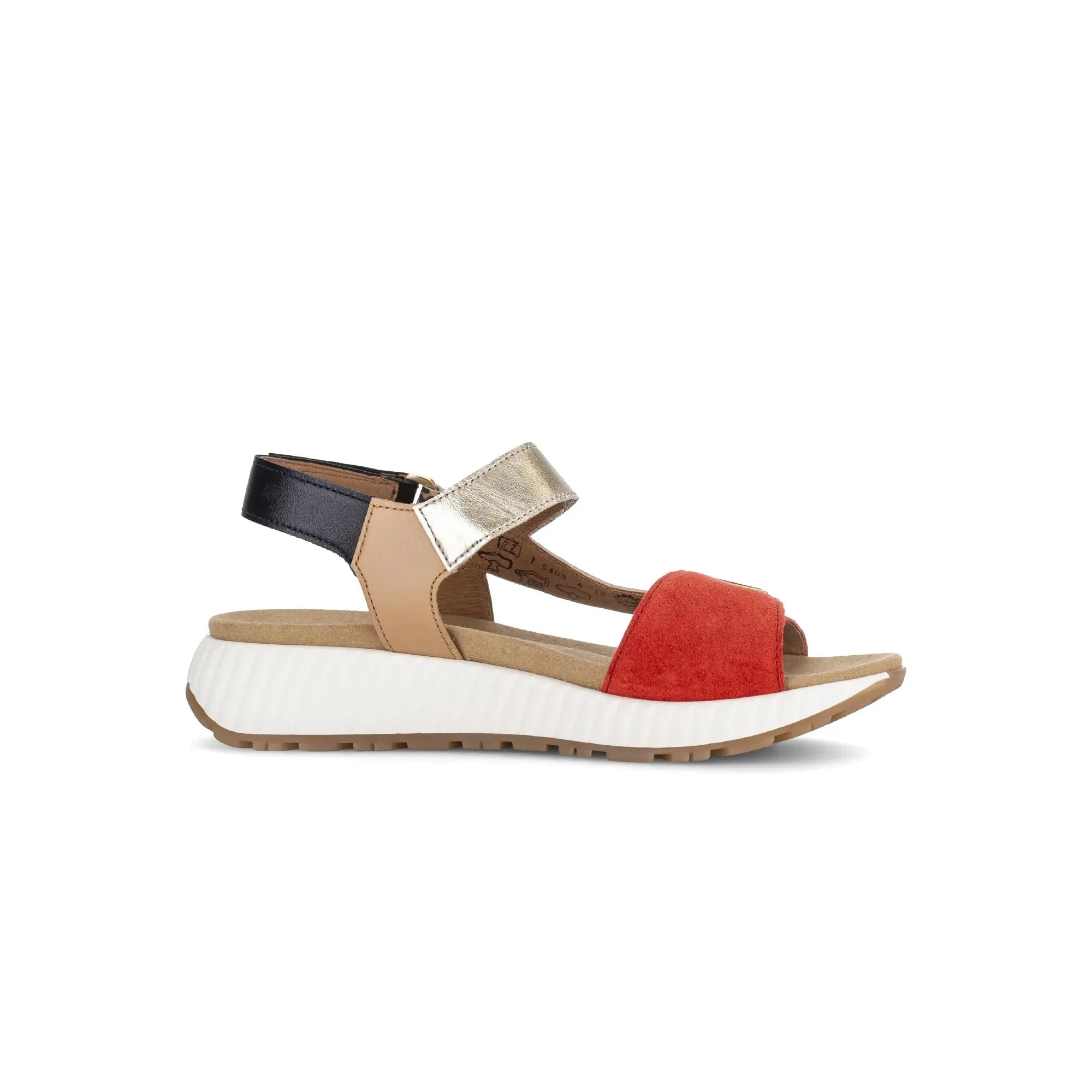 Gabor 84.582.15 Gifted Ladies multi suede touch fastening sandals with color-block straps and a white textured sole.