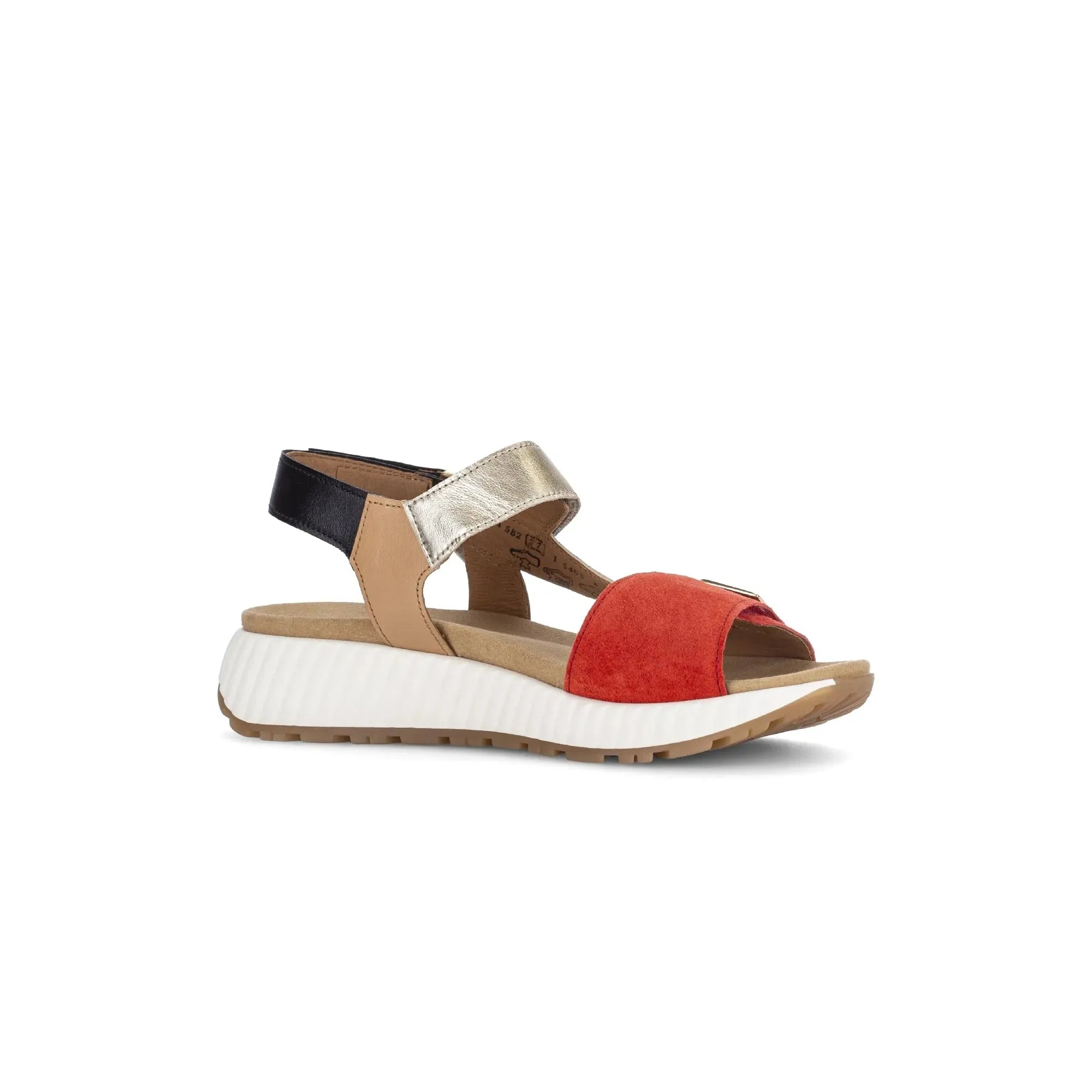 Gabor 84.582.15 women's multi suede touch fastening sandals with red, beige, metallic, and black straps and a chunky white sole.