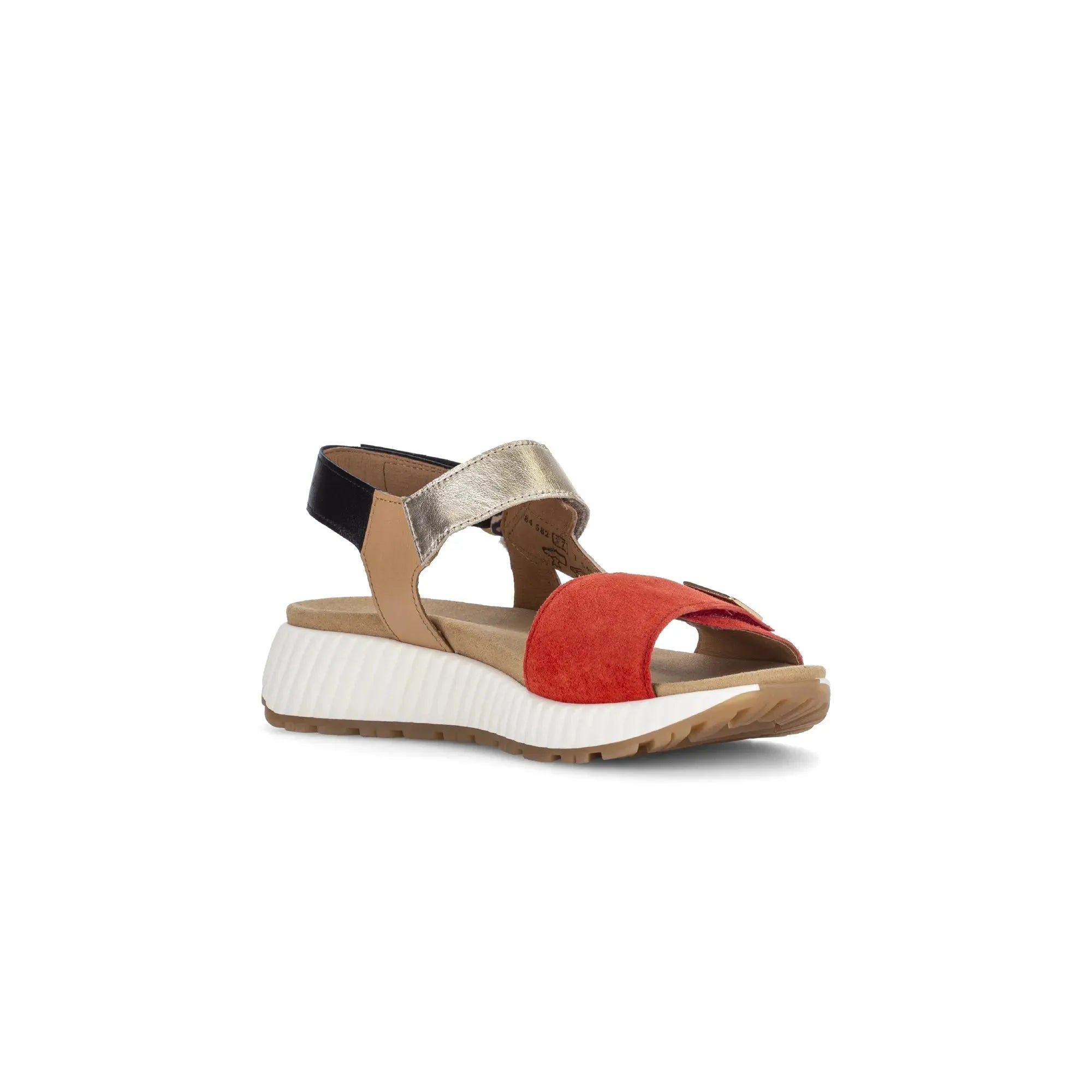 Gabor 84.582.15 women's multi suede touch fastening sandals with red, beige, black, and metallic straps and white platform sole.