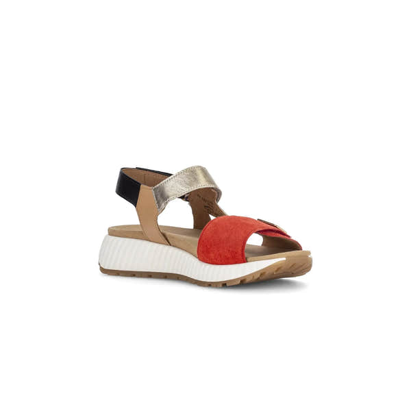Gabor 84.582.15 women's multi suede touch fastening sandals with red, beige, black, and metallic straps and white platform sole.