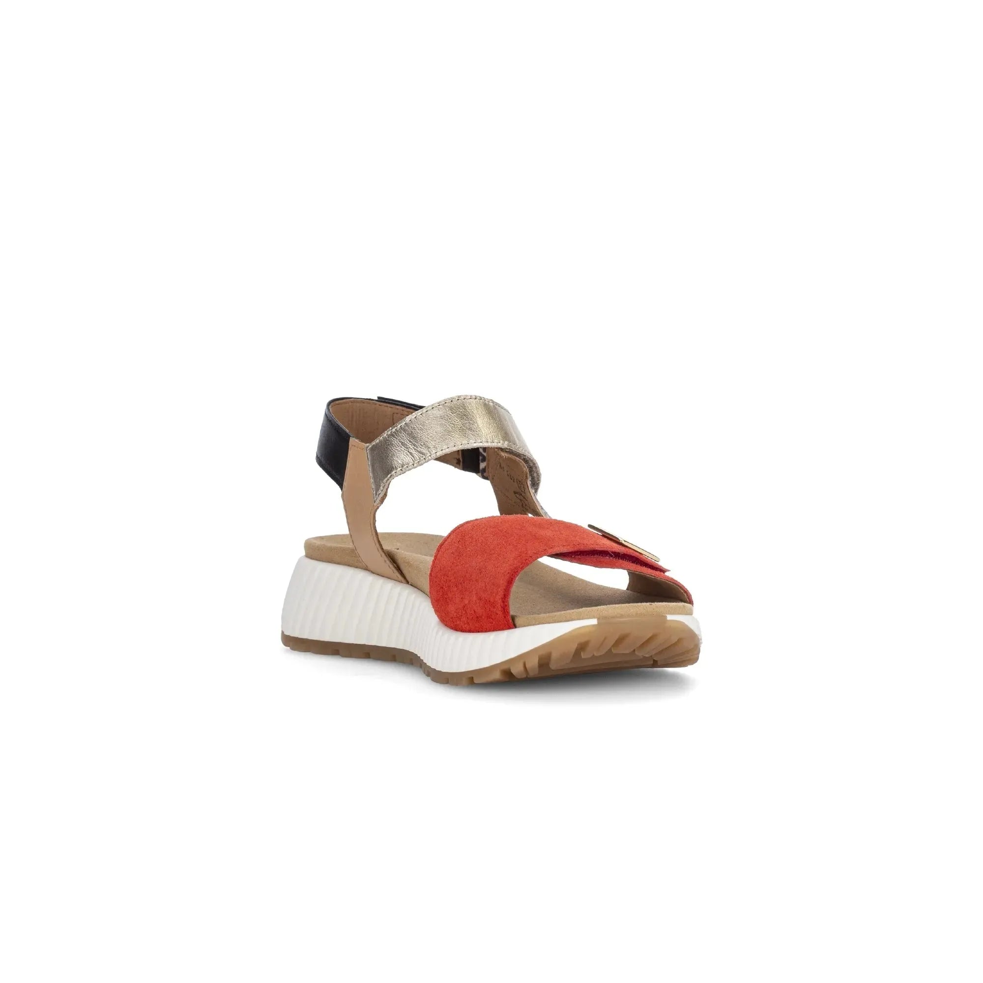 Gabor 84.582.15 women's multi suede touch fastening sandals with color-block straps and chunky white sole.