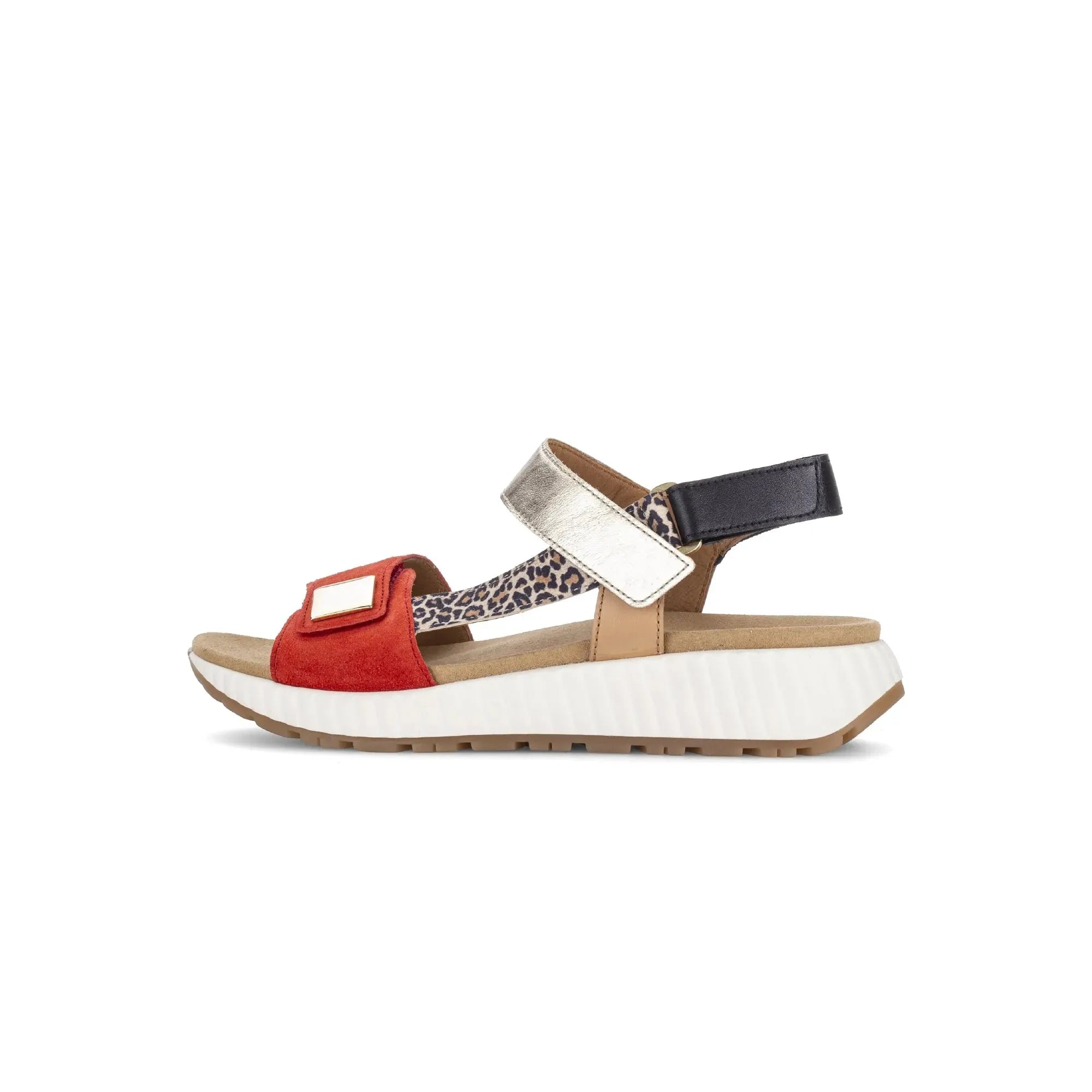 Gabor 84.582.15 women's multi suede touch fastening sandals with leopard print straps and chunky white sole.