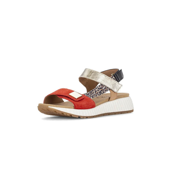 Gabor women's multi suede touch fastening sandals with leopard print, strap details, and cushioned white sole.