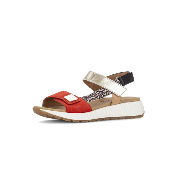 Gabor women's multi-color suede touch fastening sandal with leopard print strap and cushioned white sole.