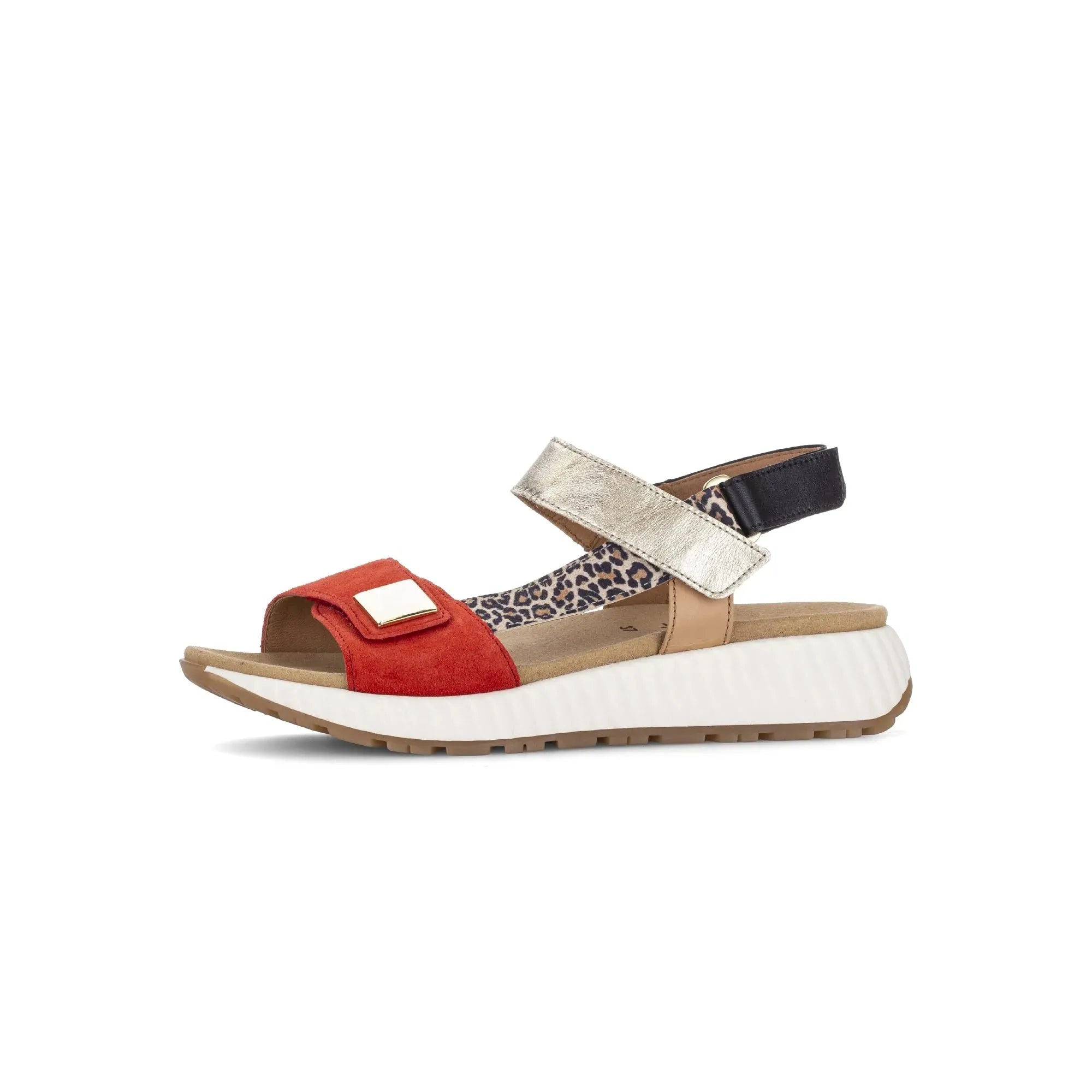 Gabor women's multi suede touch fastening sandals with leopard print straps and chunky white sole.