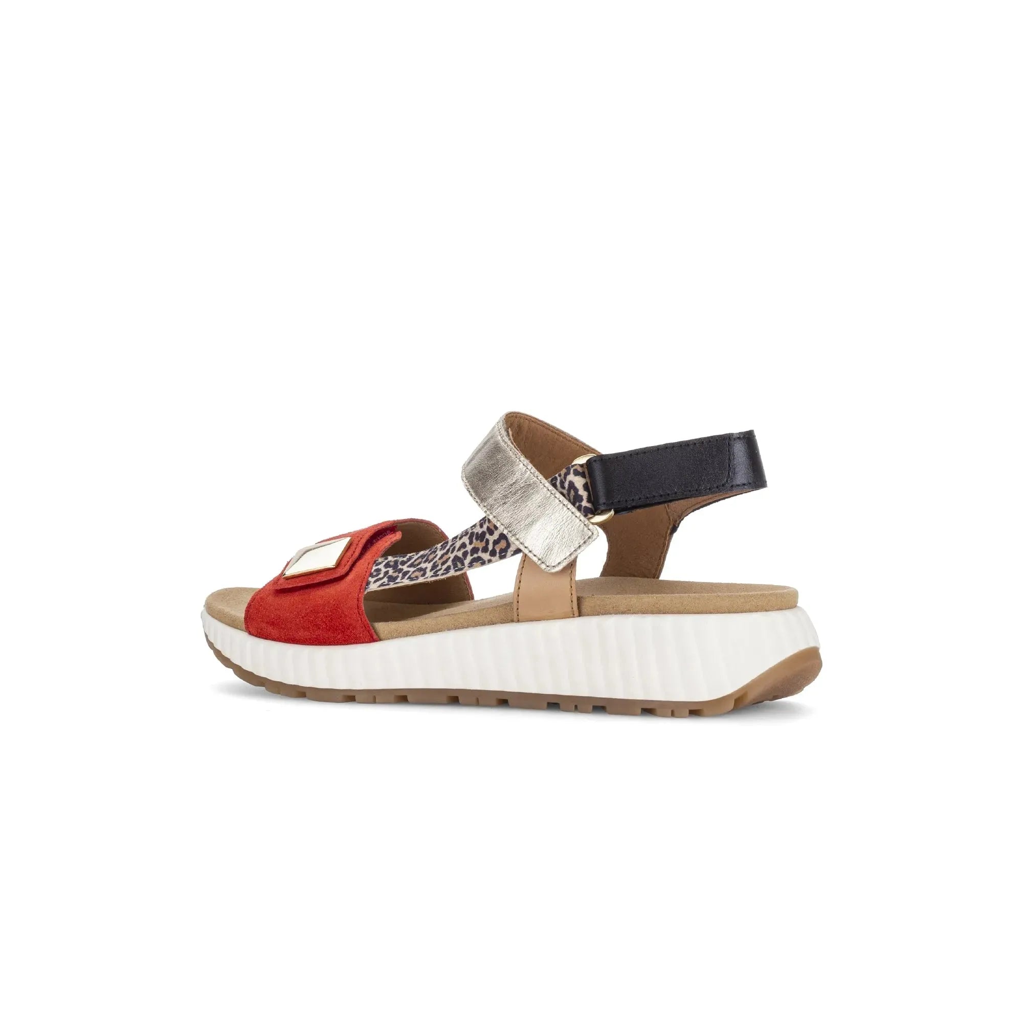 Gabor 84.582.15 women's multi suede touch fastening sandals with leopard print straps and chunky white sole.
