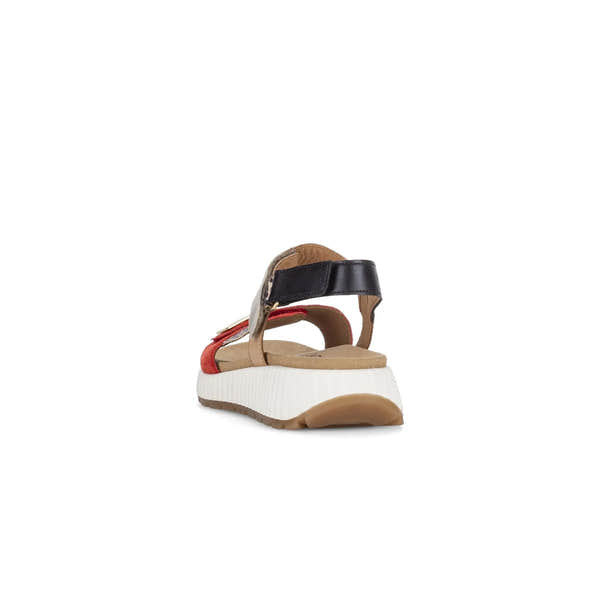 Gabor Ladies Multi Suede Touch Fastening Sandals with wedge sole, beige, black, and red accents, and comfortable cushioning.