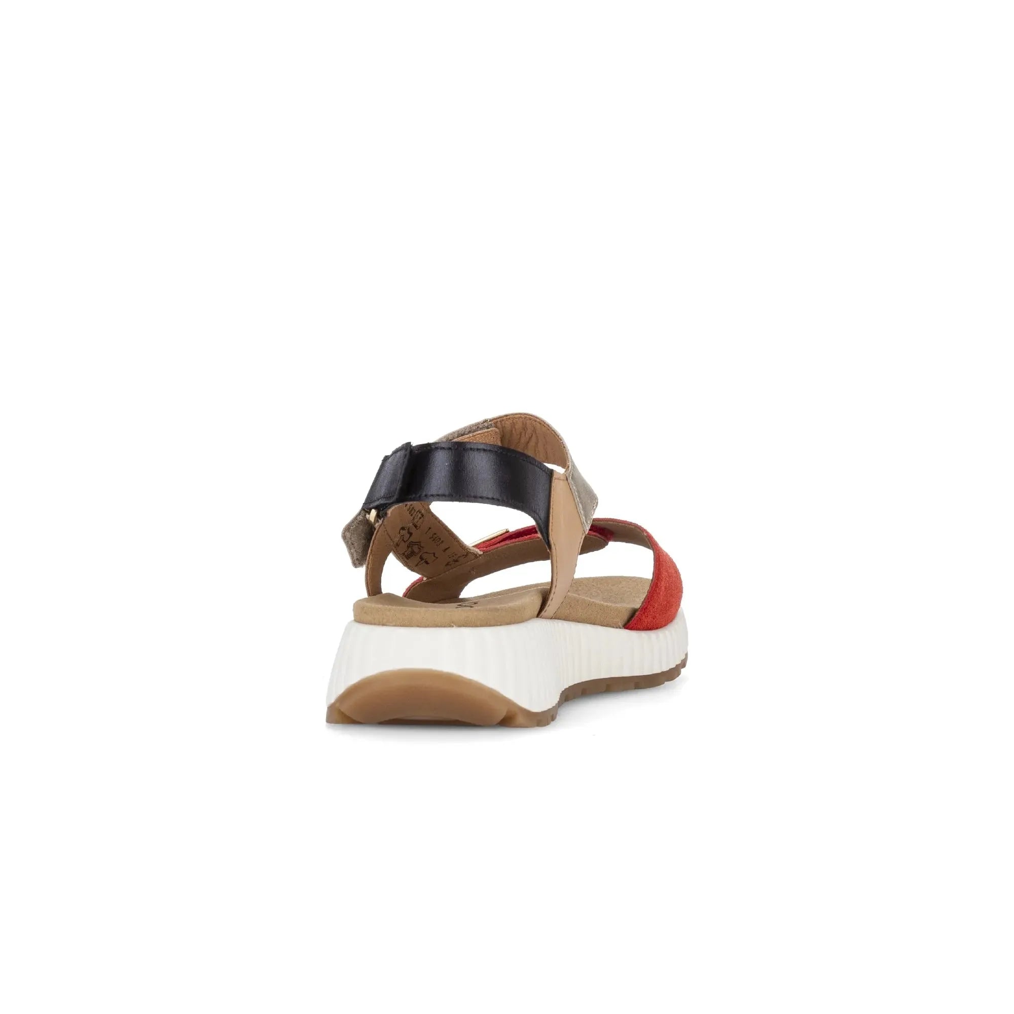 Gabor women's multi-suede touch fastening sandals with black, beige, and red straps, chunky white sole, and open toe design.