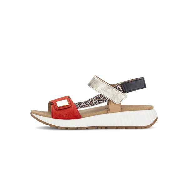 Gabor women's multi suede touch fastening sandals with leopard print strap and chunky white outsole.