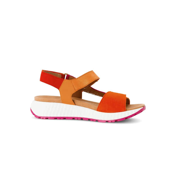 Gabor ladies’ pumpkin multi leather sandals with touch-fastening straps and white pink outsole.