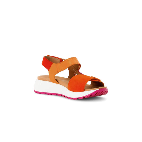 Gabor Ladies Pumpkin Multi Leather Touch Fastening Sandals with white and pink sole, adjustable straps, stylish and comfortable.