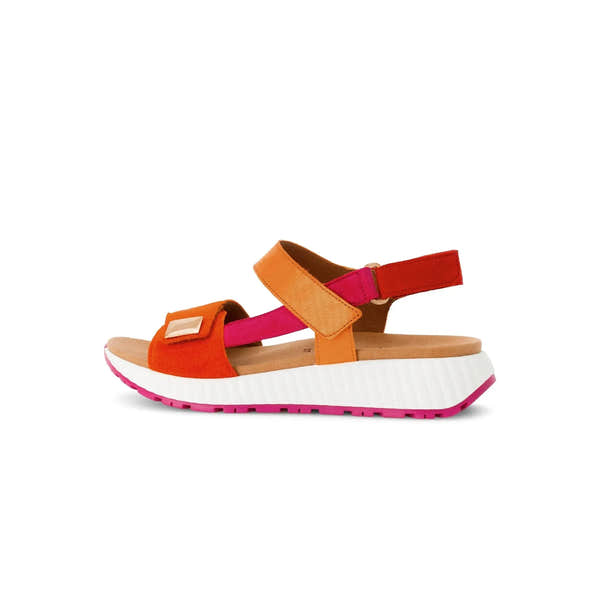 Gabor Women's Pumpkin Multi Leather Touch Fastening Sandals with colorful straps and chunky white and pink sole.