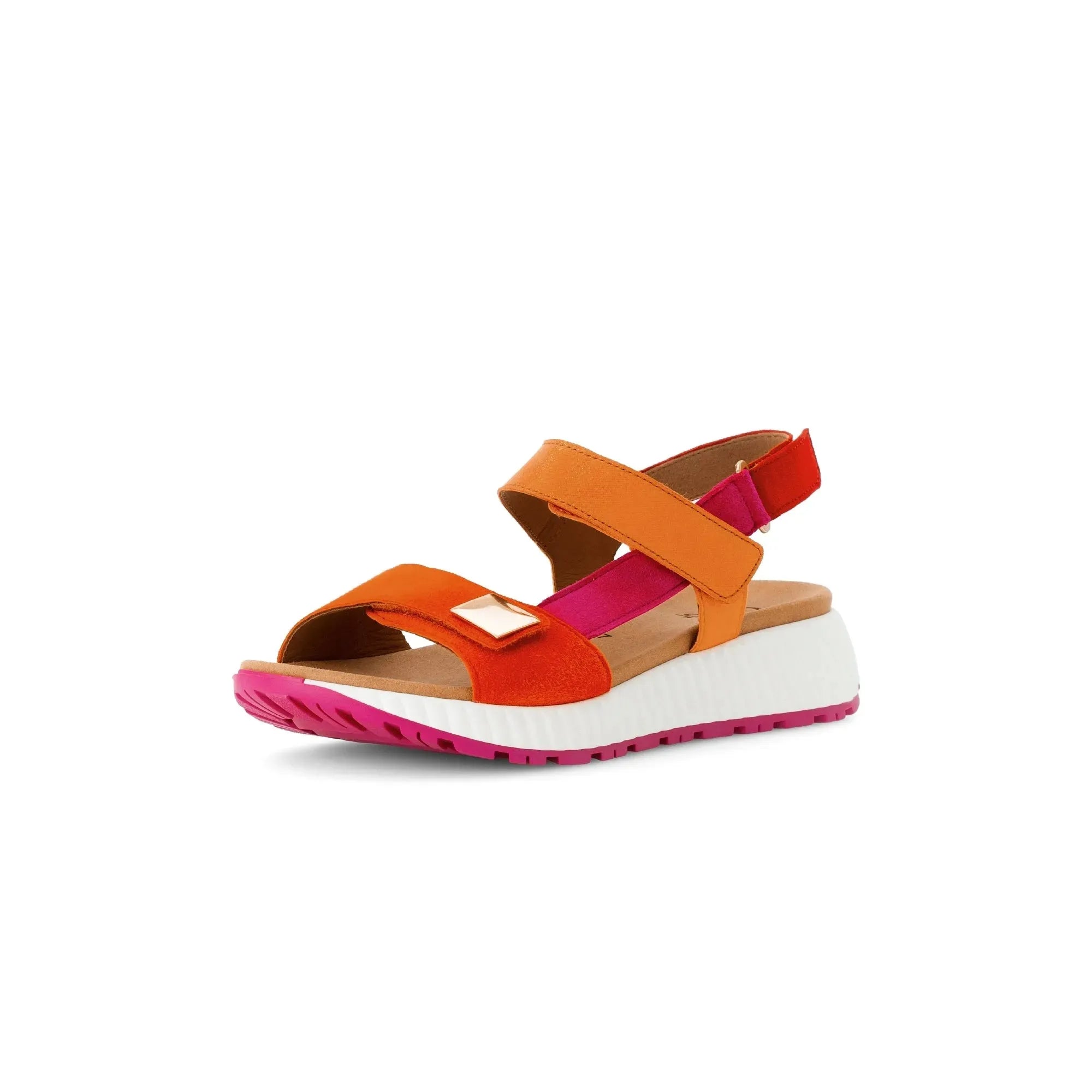 Gabor ladies' pumpkin multi leather touch fastening sandals with pink and orange straps and chunky white and pink sole.