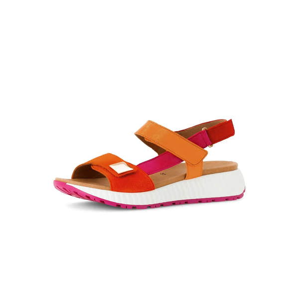 Gabor Ladies Pumpkin Multi Leather Touch Fastening Sandals with colorful straps and chunky white and pink sole.