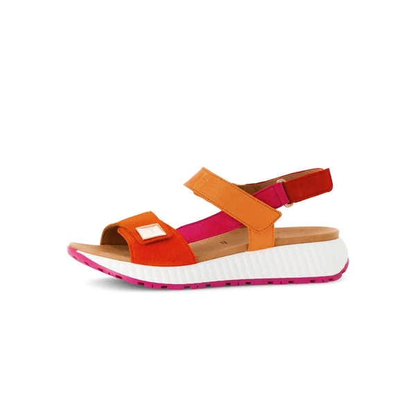 Gabor Ladies Pumpkin Multicolored Leather Sandals with touch fastenings and chunky white and pink sole.