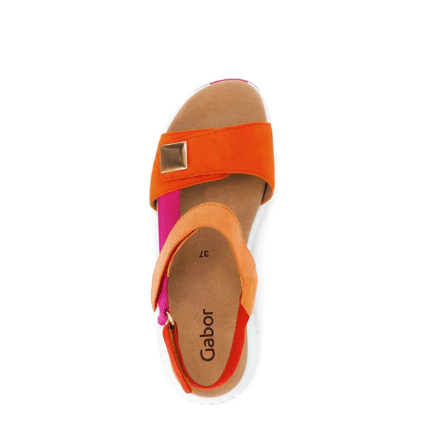Gabor women's sandal with orange, pink, and beige leather straps, touch fastening, cushioned insole, and stylish block heel.