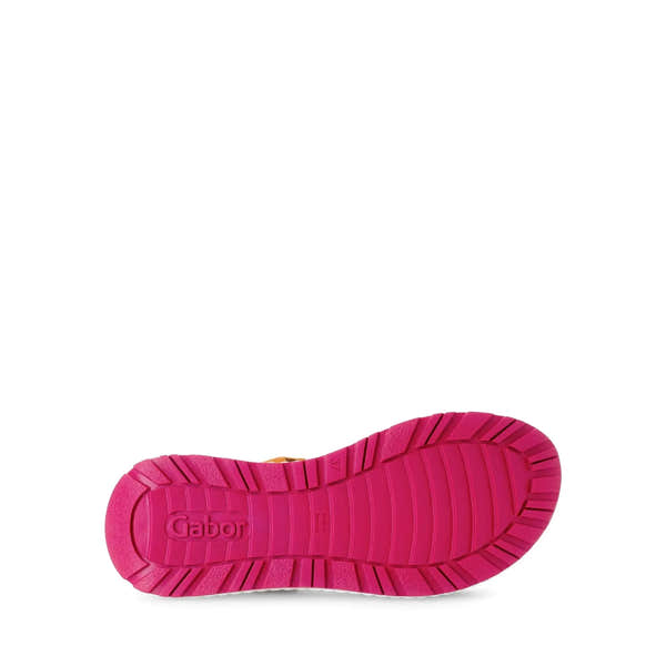 Gabor Ladies Pumpkin Multi Leather Touch Fastening Sandals with pink rubber sole and adjustable strap.