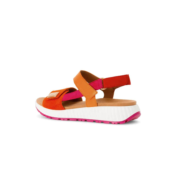 Gabor gift ladies' multicolored leather touch-fastening sandals with orange, pink, and red straps and a white textured sole.