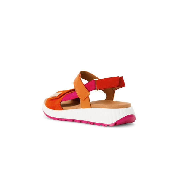 Gabor women's leather touch fastening sandals with pumpkin multi-color straps and chunky white sole with pink accents.