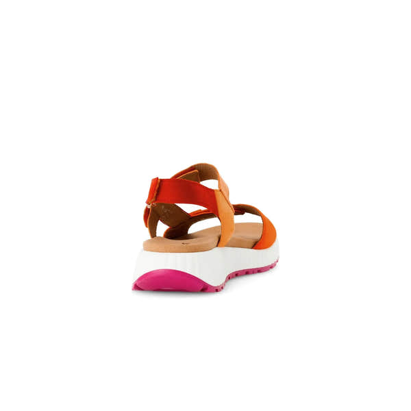Gabor Ladies Pumpkin Multi Leather Touch Fastening Sandals with cushioned sole and chunky white and pink sole bottom.