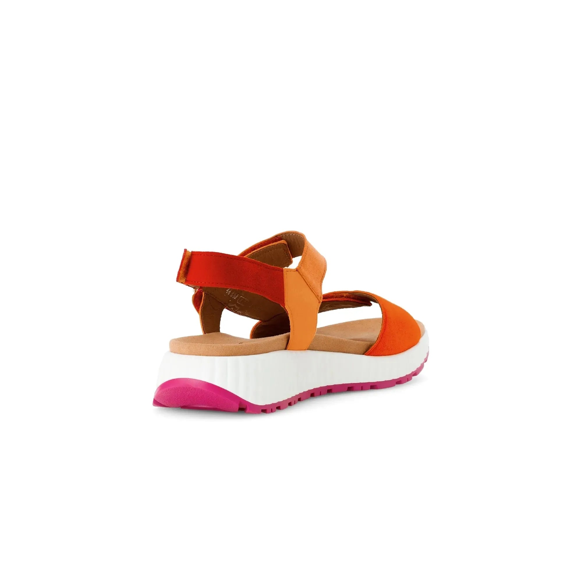 Gabor ladies' pumpkin multi leather touch fastening sandals with cushioned sole and chunky white and pink sole.