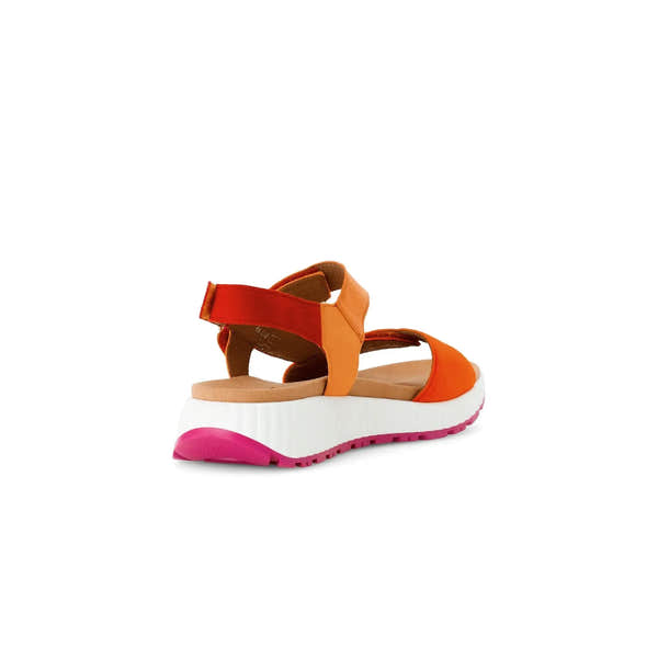 Gabor ladies' pumpkin multi leather touch fastening sandals with cushioned sole and chunky white and pink sole.