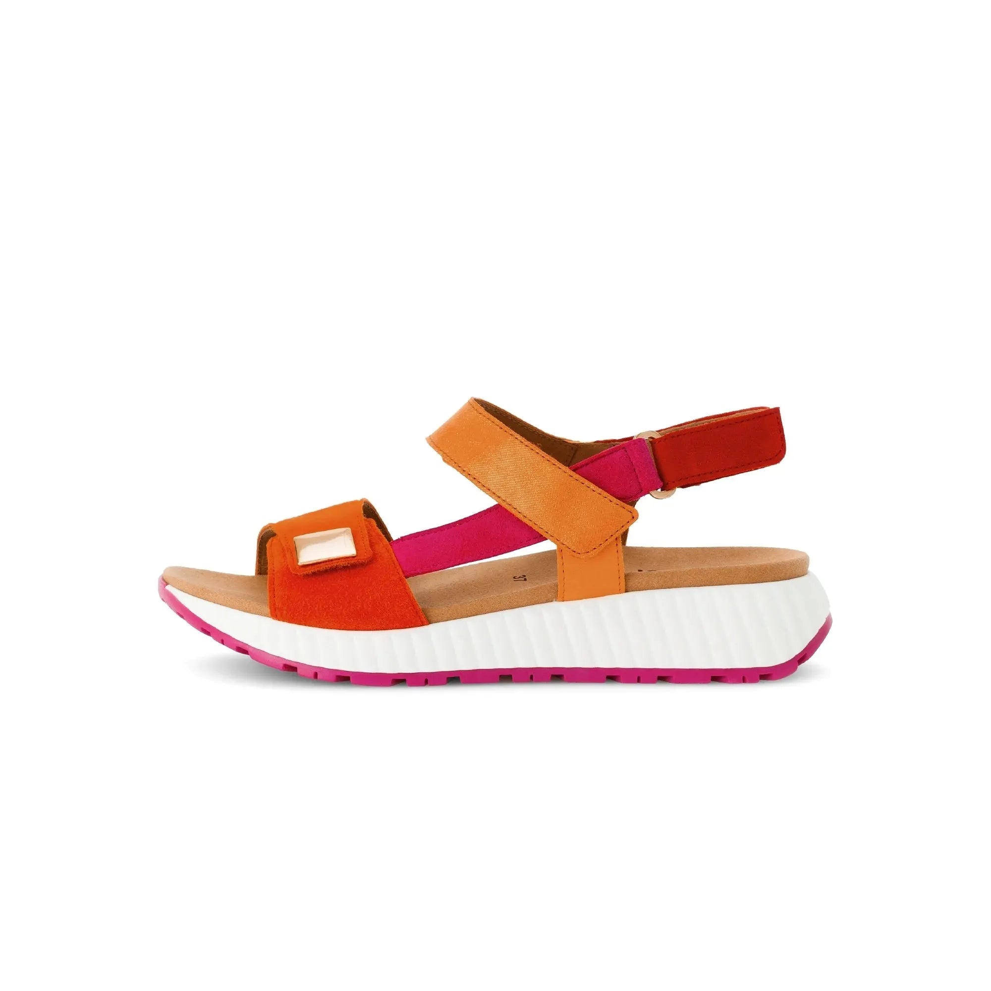 Gabor ladies' pumpkin multi leather sandals with touch fastenings and white textured sole.
