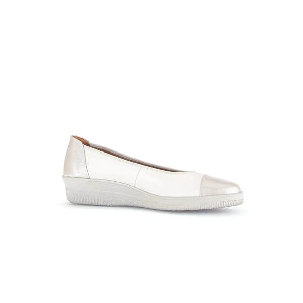 Gabor Petunia Ladies Ivory Leather Slip-On Shoes with low wedge heel and rounded toe.