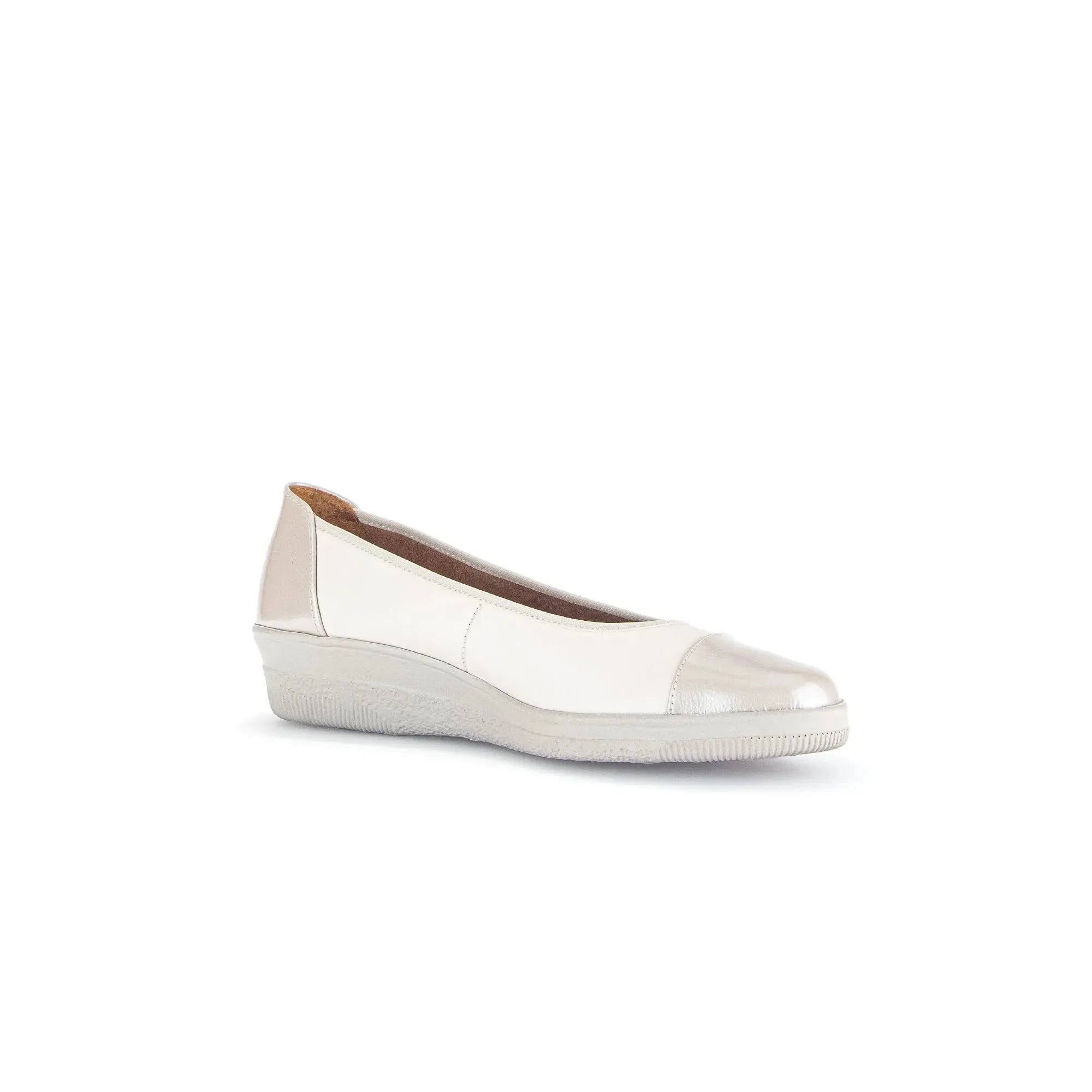 Gabor Petunia women's ivory leather slip-on shoes with rounded toe and low wedge heel.