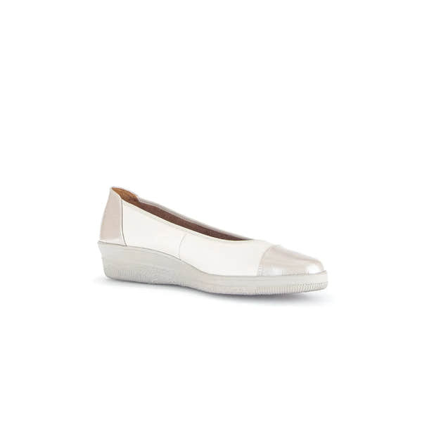 Gabor Petunia women's ivory leather slip-on shoes with rounded toe and low wedge heel.