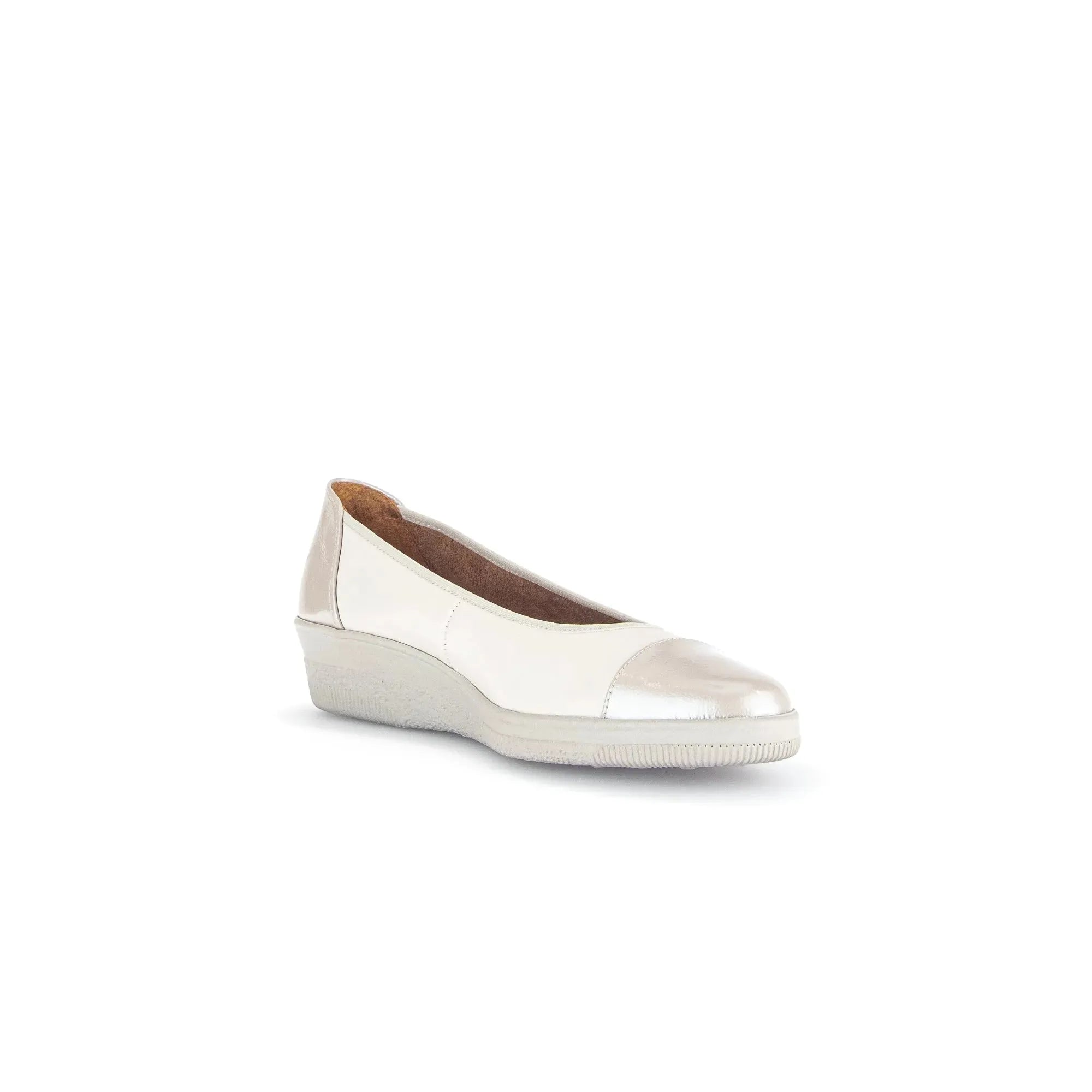 Gabor Petunia women's ivory leather slip-on shoes with wedge heel and rounded toe, stylish and comfortable for everyday wear.