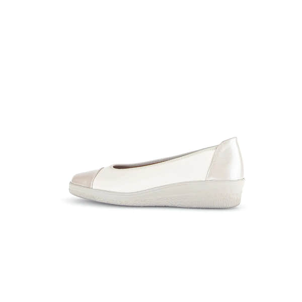 Gabor Petunia Ladies Ivory Leather Slip-On Shoes with rounded toe and low wedge sole.