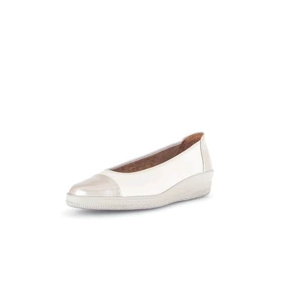 Gabor Petunia Ladies Ivory Leather Slip-On Shoes with rounded toe and low wedge heel.