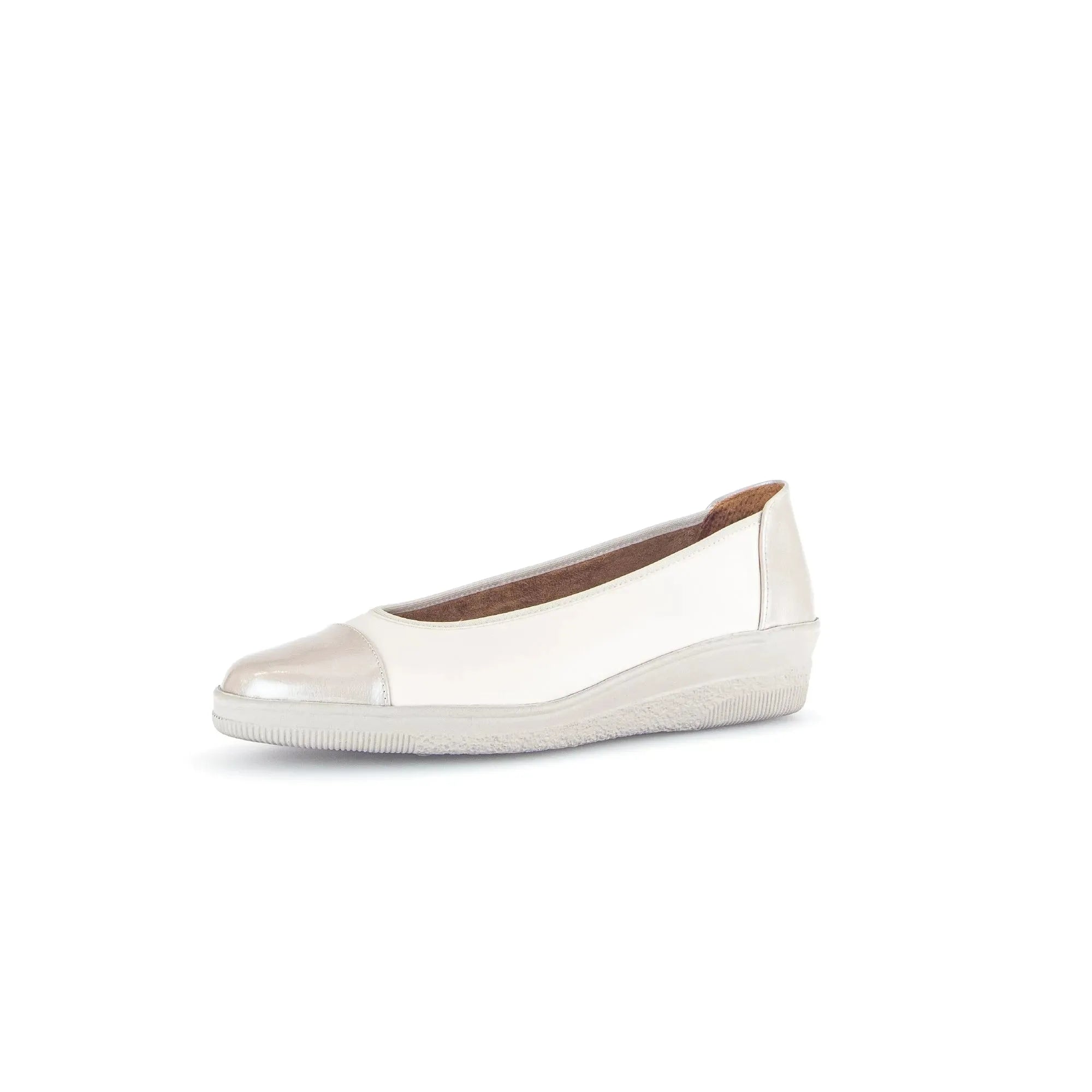 Gabor Petunia Ladies Ivory Leather Slip-On Shoes with rounded toe and low wedge sole.