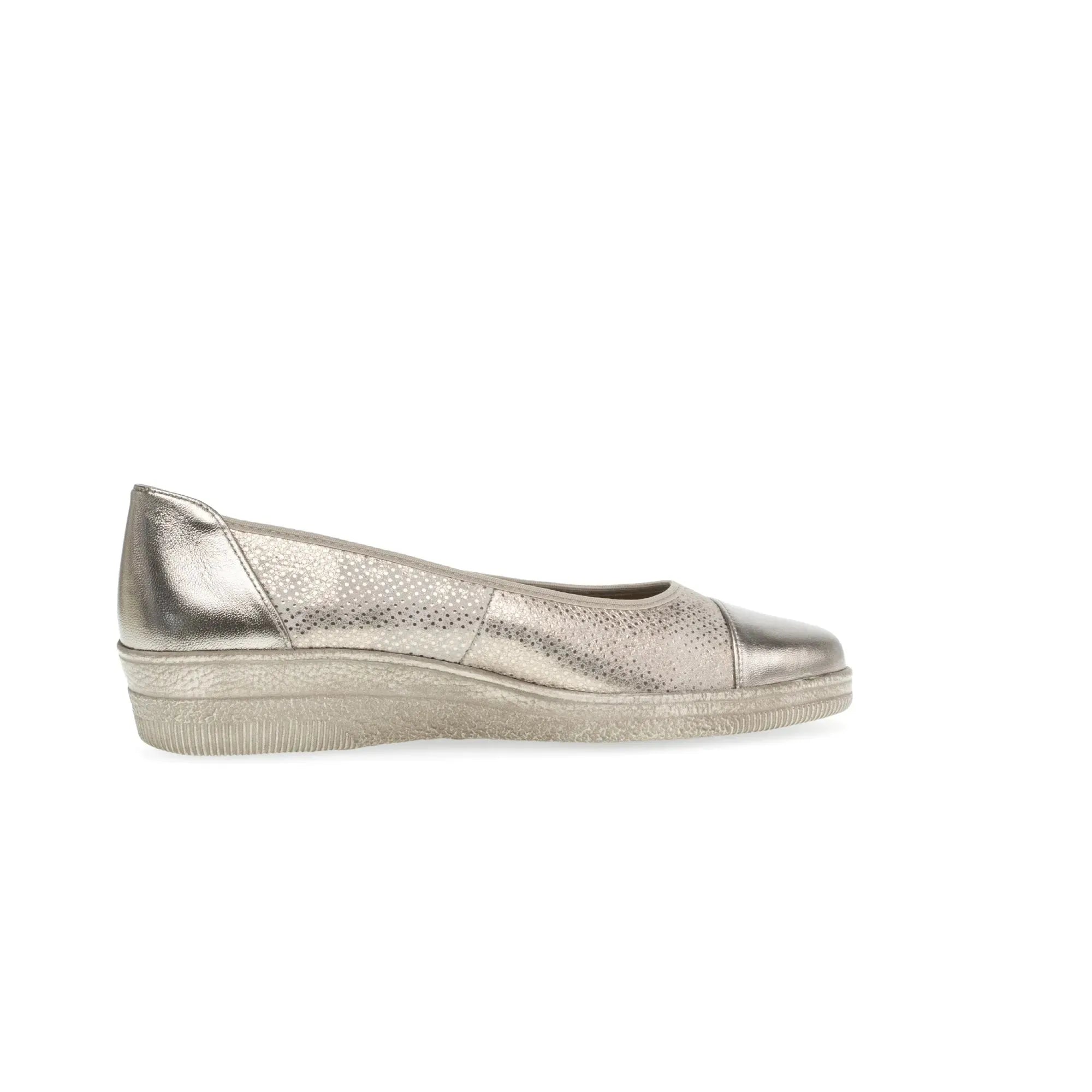 Gabor Petunia Ladies Silver Leather Slip-On Shoes with perforated details and wedge sole.